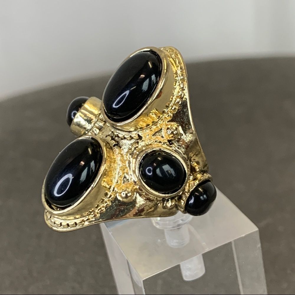 Gold black gem jewelled costume jewellery ring